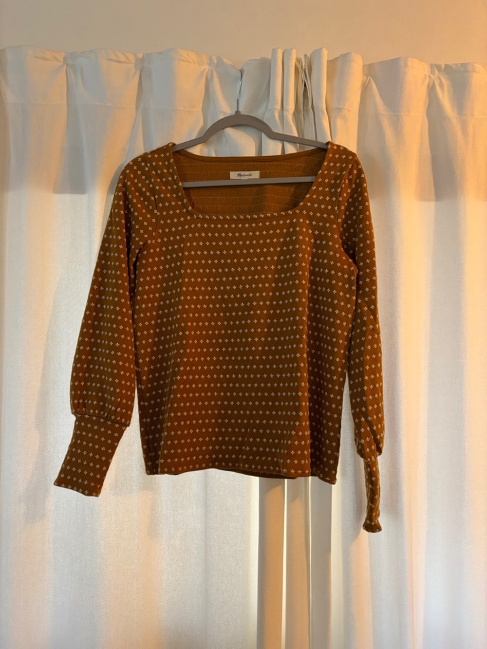 Madewell mustard yellow Square Neck Long Sleeve Top with Tiny Geo Motif